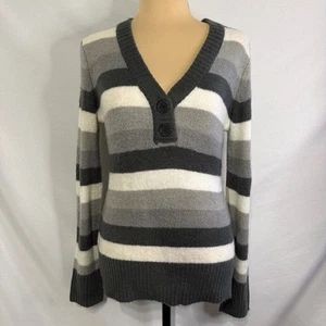 Talbots Striped Colorblock Placket Sweater Gray White V Neck Size Medium - Picture 1 of 8
