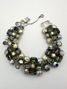 Vintage Unsigned Smoky AB Rhinestone Bracelet Silver Tone With Safety Chain 8” - Picture 1 of 9