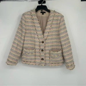 Ann Taylor Ivory Striped Blazer Size 12 Business Casual Fringe Preppy Tweed - Picture 1 of 8