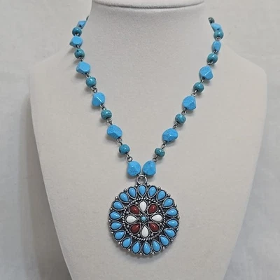 "Collar medallón Robert Rose imitación turquesa rojo blanco plata 16"" + 2,5"" extensión" Foto 1 de 4