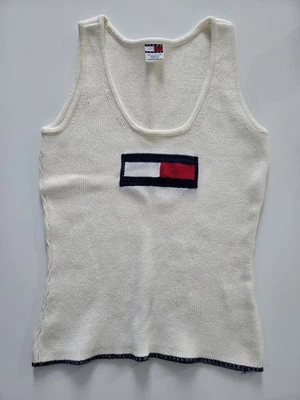 复古 Tommy 牛仔针织背心二手状况完好,M 码,白色 — 第 1/4 张图片