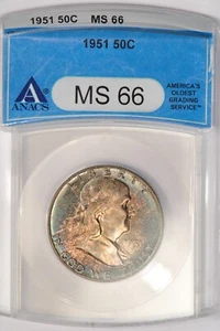 1951 TONED Franklin Half Dollar ANACS MS 66 Toning Silver Coin 50C - Picture 1 of 4