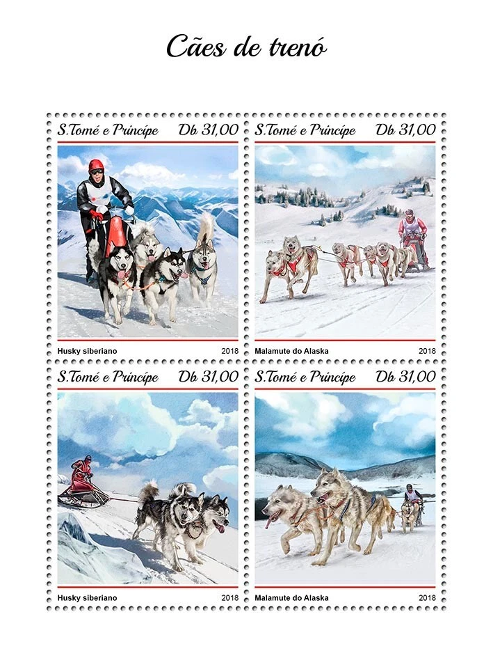 Estampillas de perros de trineo Husky siberiano Alaskan Malamute MNH 2018 Santo Tomé Príncipe M/S Foto 1 de 1