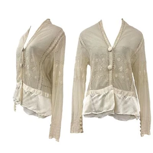 Vtg Vintage Antique 1920s 20s Cotton Tulle Lace Sheer Ivory Long Sleeve Blouse - Picture 1 of 7