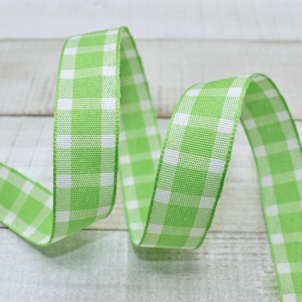 25 ярдов яблочная зеленая белая клетчатая лента — ширина 5/8 дюйма — 1 катушка - Изображение 1 из 1