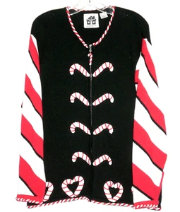 STORYBOOK CHRISTMAS CANDY CANE KNIT ZIP FRONT LONG SLEEVE SWEATER LARGE - Picture 1 of 3
