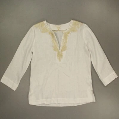 Top túnica Lilly Pulitzer Linen Resort blanco Amelia Island bordado dorado pequeño Foto 1 de 4