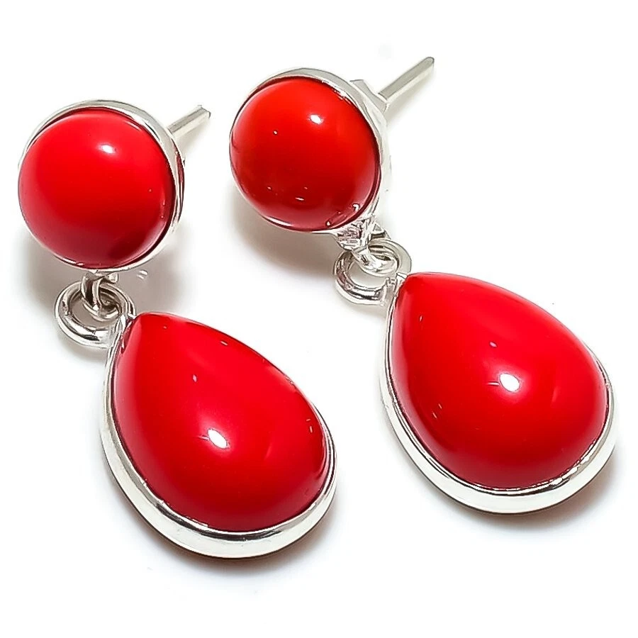 Pendientes Tops Joyería Plata Esterlina 925 Hechos a Mano Piedras Preciosas Coral Rojo 1.20" Foto 1 de 1