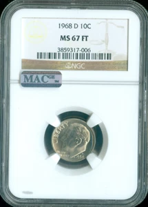 1968 D ROOSEVELT DIME NGC MS67 FT MAC FEINSTE QUALITÄT✔️ - Bild 1 von 2