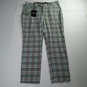 Man Boohoo 32S Skinny Check Suit Trouser  With Chain Gray Green Plaid Pants - Picture 1 of 7