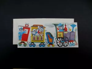 Vintage unbenutzte Weihnachtsgrußkarte Spaßkätzchen Reiten auf einem Dampfmaschinenzug - Bild 1 von 2