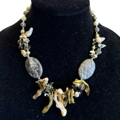 Abalone Shell, Zebra Jasper, Fresh Water Blister Pearl Beaded Statement Necklace - Image 1 of 4