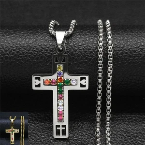 Collana in acciaio inox ciondolo CROCE zircone preghiera catena 60cm uomo donna - Imagen 1 de 9