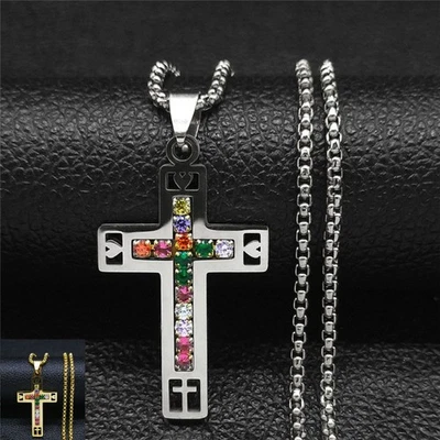 Collana in acciaio inox ciondolo CROCE zircone preghiera catena 60cm uomo donna  - Immagine 1 di 4