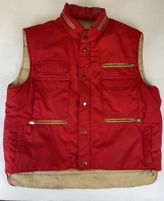 Vintage SEARS Fieldmaster Mens XL Puffer Vest Red Quilted Full Zip Pockets Hood - Image 1 of 4