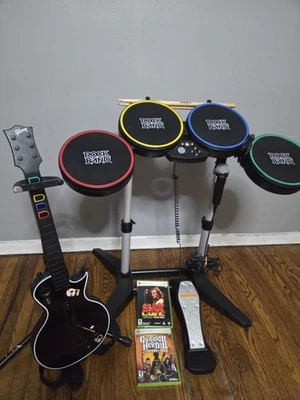 Xbox 360 Rock Band 2 Complete Drum Set Bundle, Guitar, 2 Games, Tested & Working - Image 1 of 4