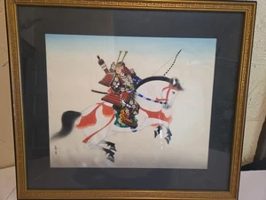 Vintage Japanese Silk Painting of Samurai Warrior on Horseback, Framed Large - Picture 1 of 12