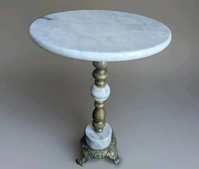 MESA PEDESTAL de Colección Hollywood Regency 17" Metal Tonificado Mármol y Dorado Mediados de Siglo Foto 1 de 4