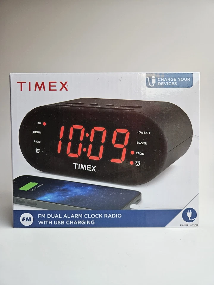 Timex Alarm Clock for Bedroom with FM Radio and USB Charger - Black