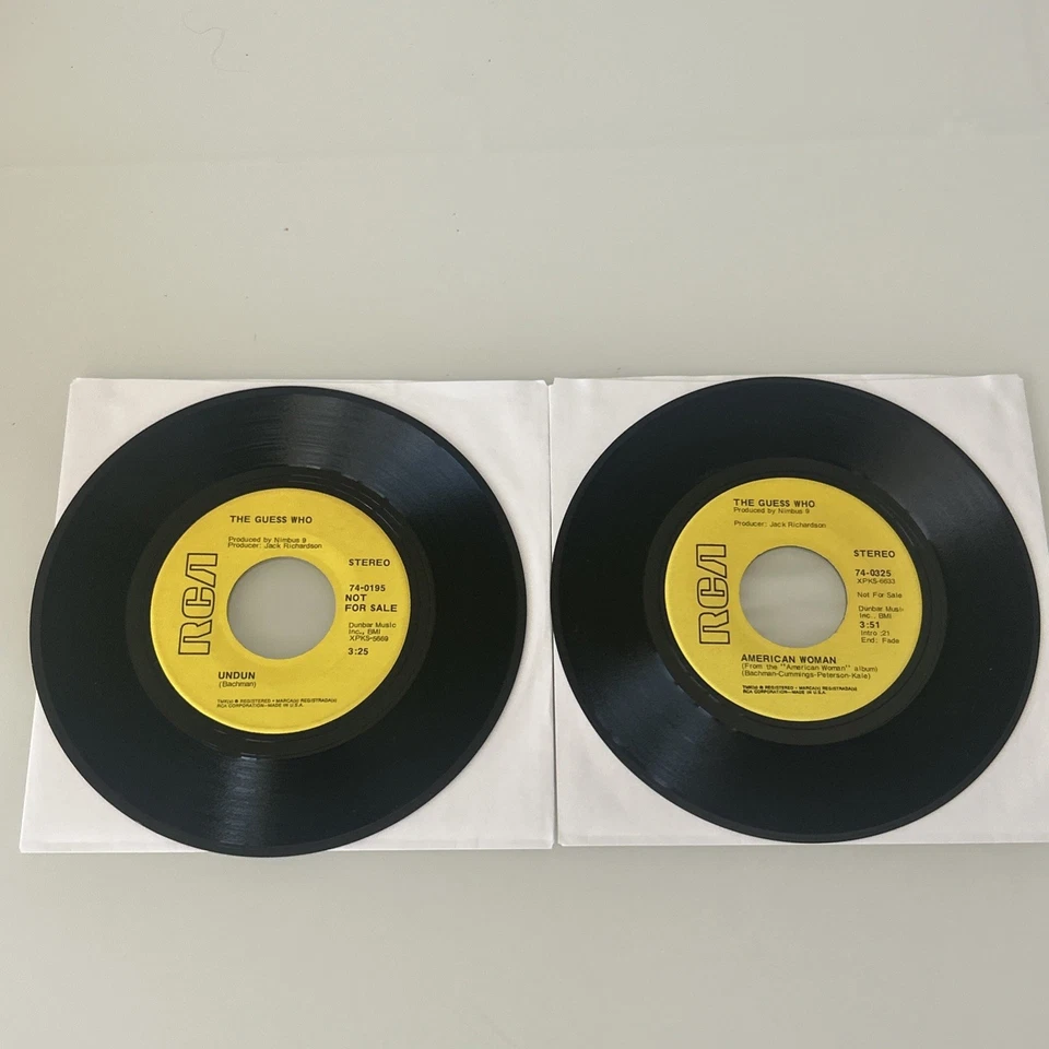 Lot 2 PROMO 45’s THE GUESS WHO Undone/No Sugar Tonight/American Woman YELL Label - Image 1 of 4