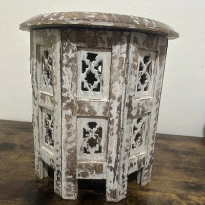 Wooden Handcrafted Arabic Folding Side end Table Round Carved Rustic Collapsible - Image 1 of 4