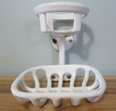Antique Enamel Cast Iron Wall Mounted Soap Dish & Cup Holder Vintage Cover