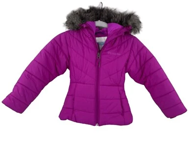 Jaqueta acolchoada Columbia meninas crianças 4-5 roxa rosa capuz de pele sintética punhos internos - Imagem 1 de 4