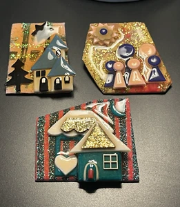 2 House Pins by Lucinda 1 People Pin by Lucinda Christmas Theme  2" x 1.5" - Picture 1 of 5