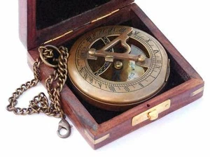 Nautical Brass Sundial Compass with Chain & Wooden Case Gift handmade - Imagen 1 de 3