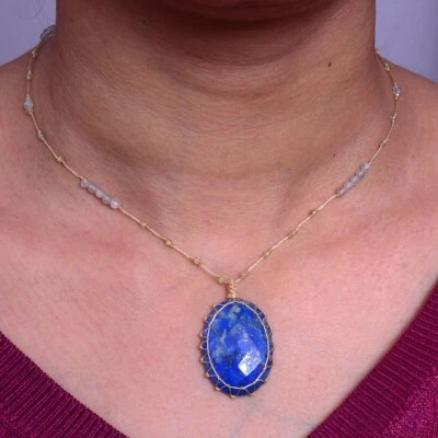 Handmade Natural Lapis Lazuli Gemstone Beaded Macrame Healing Crystal Necklace - Image 1 of 4