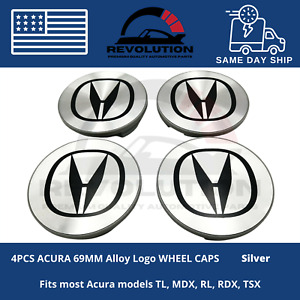 4PCS ACURA 69MM Silver & Black Wheel Center Hub Caps Emblem Badge Logo Set of 4