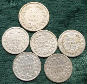 6 Netherlands 64% Silver Coins, 1850, 1855, 1869 5-Cents & 1881 10-Cent Coin - Picture 1 of 4