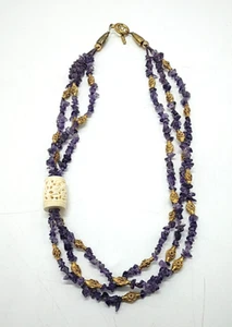 Amethyst Necklace 24" Three Strand Natural Stone Chips With Carved Bone Charm - Picture 1 of 20