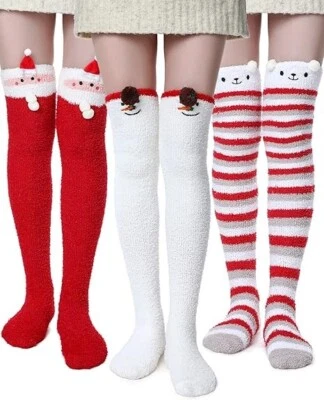 3对圣诞大腿高模糊袜可爱卡通雪人圣诞老人条纹袜 — 第 1/4 张图片