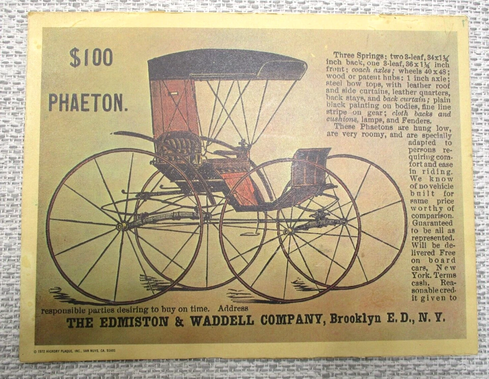1972 Hickory Plaque Edmiston & Waddell Company Phaeton Carriage Coach Ad - Image 1 of 4