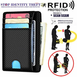 Men Anti-scan Leather Slim ID Credit Card Holder RFID Blocking Thin Small Wallet - Picture 1 of 17