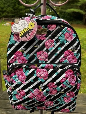 Mochila escolar de viaje Betsey Johnson acolchada a rayas rosas abejas LBTEC  Foto 1 de 4