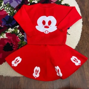 Vintage Girls Mickey Mouse Red Two Piece Sweater Skirt Set - Picture 1 of 9