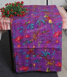Handstitched kantha quilt cotton Indian bedspreads bird print bedding Queen size - Picture 1 of 55
