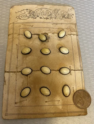 Antigua Tarjeta Botón Francés 12 Celuloide Apretado Superior Ovalada Negro Crema Rayas Foto 1 de 4