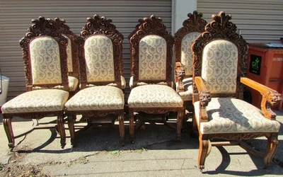 SET 8 ANTIQUE CARVED OAK DINING CHAIRS R J HORNER QUALITY SOLID  EX. UPHOLSTERY - Image 1 of 4