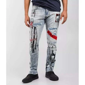 Smoke Rise Embellished Taper Stretch Jeans 46x32 Graffiti Patch Distressed EUC - Picture 1 of 12