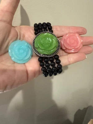 Genuine Carved 3 Rose Aventurine Interchangeable Onyx Bead Stretch Bracelet 6.5" - Image 1 of 4