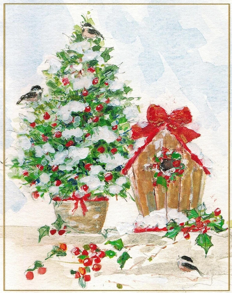 Caspari Boxed Christmas Cards, Winter Tree & Birdhouse - 16 Cards (102011) - Image 1 of 1