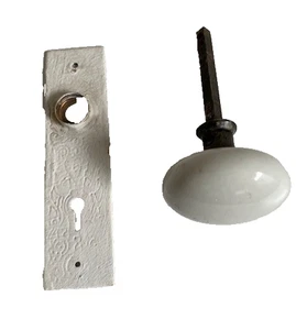 White Porcelain Doorknob & Painted Embossed Back Plate - Picture 1 of 5