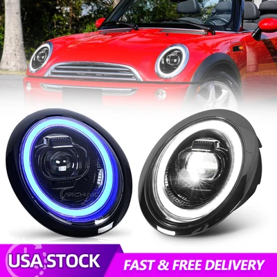 Full LED Headlights For MINI Cooper R50 R52 R53 2002-2008, DRL w/Blue Animation Foto 1 de 4