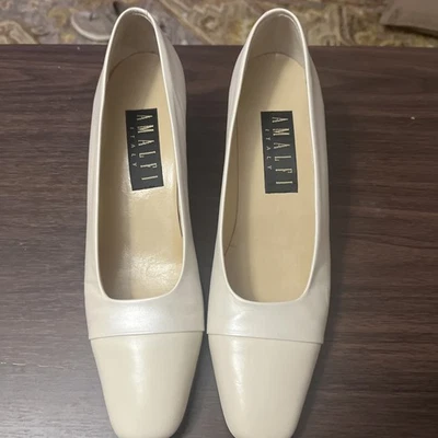 Tacones Amalfi Italia Talla 8 AAAA Perla Marfil Cuero Genuino Bloque Foto 1 de 4