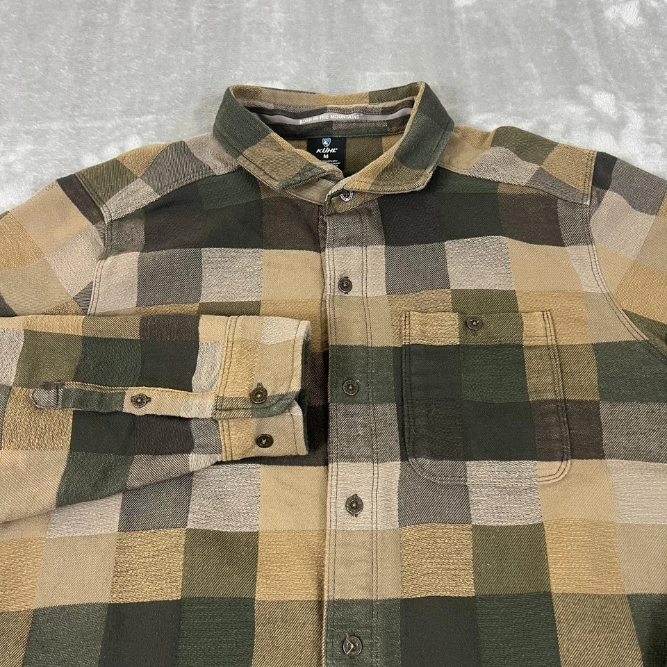 KUHL Flannel Shirt Mens Medium Green Tan Plaid Long Sleeve Button Up 7336 - Image 1 of 4