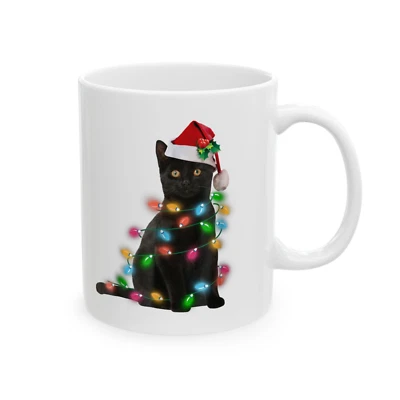 A HOME 4 EVERYTHING Black Cat Christmas Mug Holiday Lights Cat Lover Coffee Tea Cup Gift