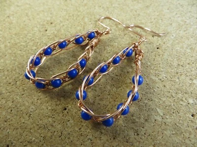 Nuevos pendientes envueltos en alambre de cobre trenzado lapislázuli azul hechos a mano roble #639 Foto 1 de 4